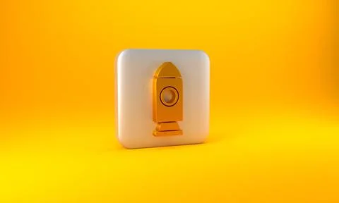 Gold Rocket ship icon isolated on yellow background. Space travel. Silver square Illustrazione stock
