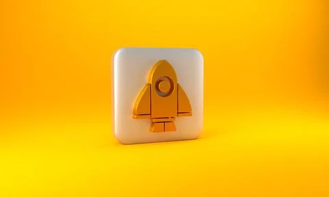 Gold Rocket ship icon isolated on yellow background. Space travel. Silver square Illustrazione stock