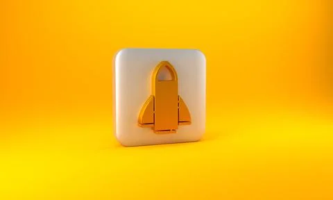 Gold Rocket ship icon isolated on yellow background. Space travel. Silver square Illustrazione stock
