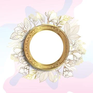 Gold round frame. 3D paper cutout. Leaves and flowers from golden threads. Pi Stock Illustration