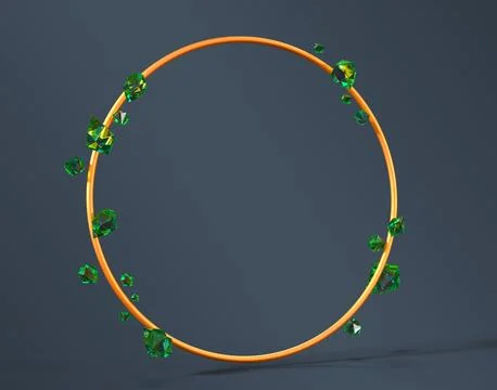 Gold round frame with precious emerald stones isolated on dark background Illustrazione stock