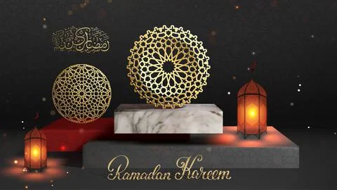 Gold round islamic pattern on marble stage. 3d greeting card design for Ramadan Stockillustratie