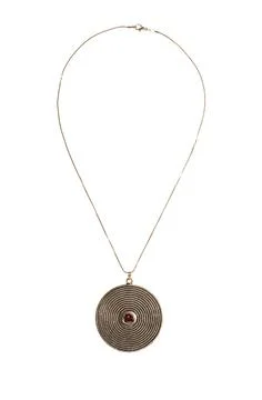 Gold round pendant with ruby on white background Foto stock