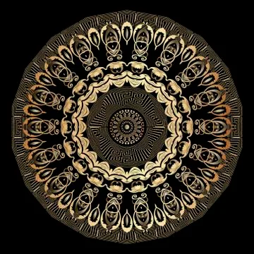 Gold round vector mandala pattern. Vintage ornamental background. Greek key m Stock Illustration