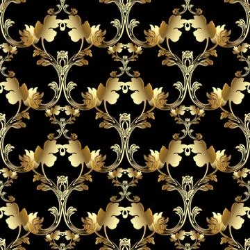 Gold royal 3d Baroque vector seamless pattern. Floral vintage damask backgrou Stock Illustration