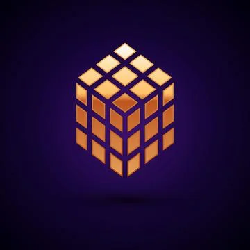 Gold Rubik cube icon isolated on black background. Mechanical puzzle toy. Rubik 库存插图