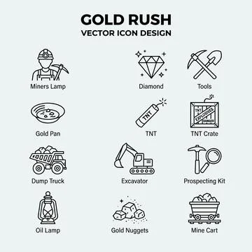 Gold Rush vector icon design set featuring miner, tools, diamond, gold pan,.. Stock Illustration