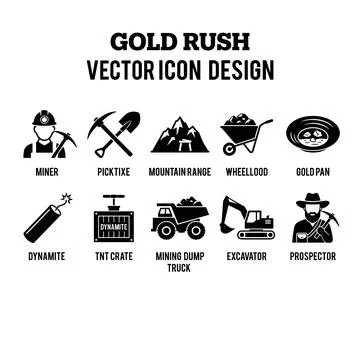 Gold Rush vector icon set featuring miner, pickaxe, mountain range, wheelba.. Stock Illustration