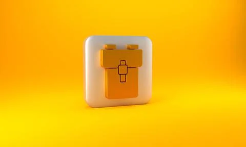 Gold School backpack icon isolated on yellow background. Silver square button Illustrazione stock
