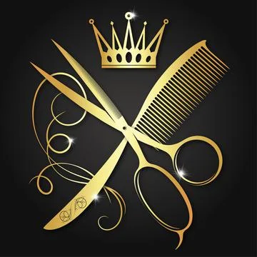 Gold scissors and comb with a curl of hair for beauty salon Stock Illustration