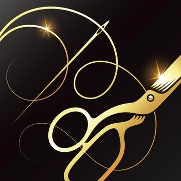 Gold scissors and needle with thread Stock Illustration