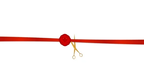 Gold scissors cutting red ribbon animation with flower decoration. Stock Footage 319782677