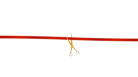 Gold scissors cutting red ribbon animation on white background and green screen. Video stock 319782685
