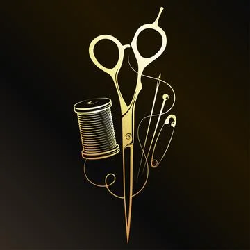 Gold scissors needle and spool of thread Stock Illustration
