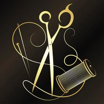 Gold scissors needle and thread and spool Stock Illustration