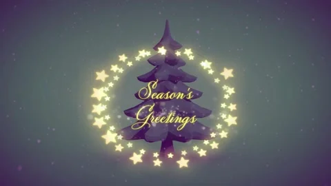 Gold script reading Seasons Greetings fading in over purple tree stars orbiting Stock Footage 319342823