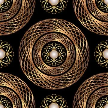 Gold seamless 3d pattern. Golden decorative elements with pearl イラスト素材