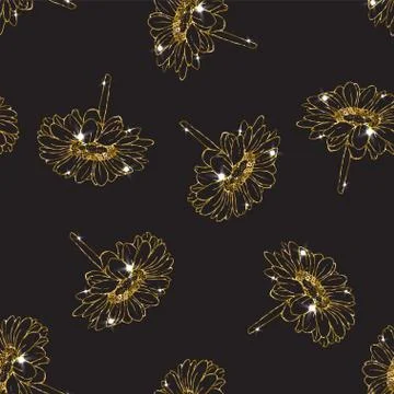Gold seamless pattern with aster flower. Glittering background Stock Illustration