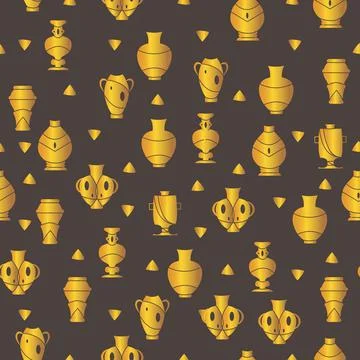 Gold seamless pattern. Dark background with gold vases. Vector illustration. Stock Illustration