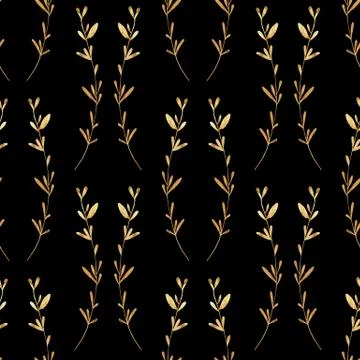 Gold seamless pattern of leaves on black Stock Illustration