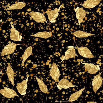 Gold seamless pattern of leaves on black background Stock Illustration