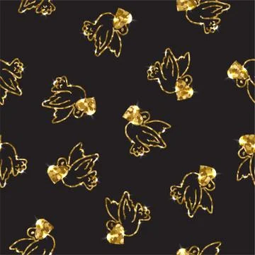 Gold seamless pattern with pigeon. Dove and hearts. Glittering background Stock Illustration