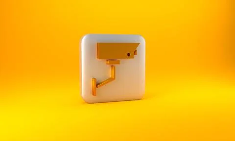 Gold Security camera icon isolated on yellow background. Silver square button Stock Illustration