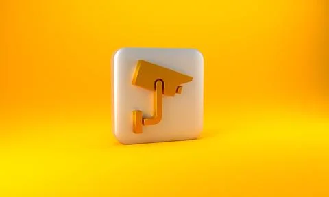 Gold Security camera icon isolated on yellow background. Silver square button Illustrazione stock