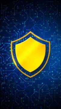 Gold Security Shield on Circuit Board Technology Background Stock Photos