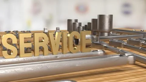 The gold service text and tool equipment for garage concept 3d rendering. Ilustração Stock