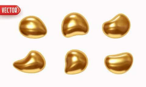 Gold Set of flat liquid drops of different shapes of objects realistic 3d d.. Stock Illustration