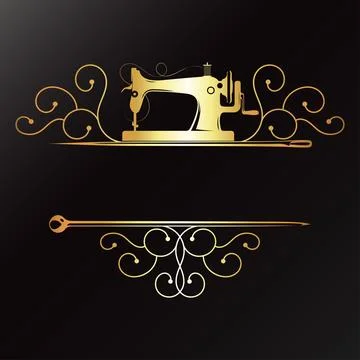 Gold sewing machine and pattern. Sign frame for sewing Stock-Illustration