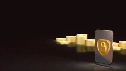 The Gold shield and Mobile for Security concept 3d Rendering. Foto stock