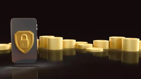 The Gold shield and Mobile for Security concept 3d Rendering. Foto stock