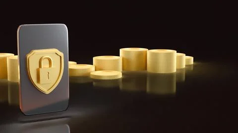 The Gold shield and Mobile for Security concept 3d Rendering. Stockfoto's