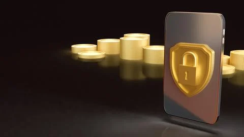 The Gold shield and Mobile for Security concept 3d Rendering. Foto stock