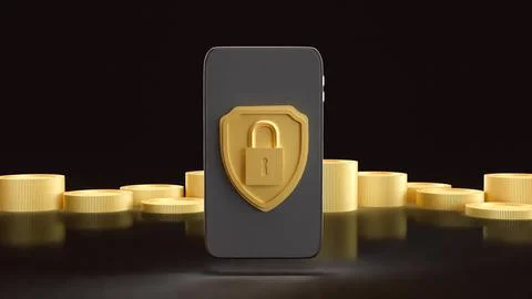 The Gold shield and Mobile for Security concept 3d Rendering. Foto stock