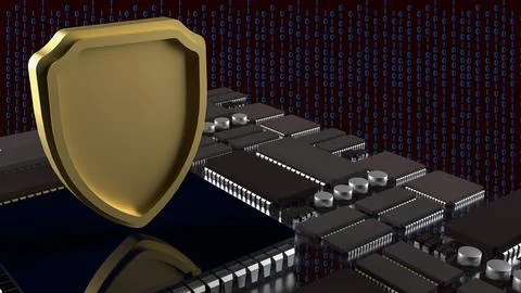 The Gold shield and PCB board for IT security concept 3d rendering. Stock Photos