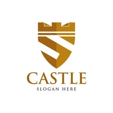 Gold shield with castle and initial S logo - Vector logo template Stock Illustration
