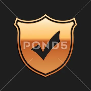 Gold Shield with check mark icon isolated on black background. Long ...