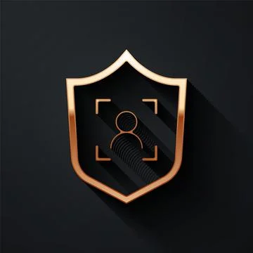 Gold Shield face recognition icon isolated on black background. Face Stock Illustration