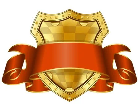 Gold shield with red ribbon Stock Illustration