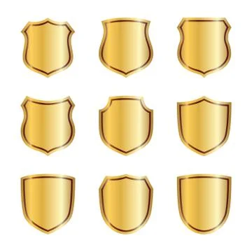 Gold shield shape icons set. 3D golden emblem signs isolated on white backgro Stock Illustration