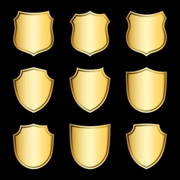 Gold shield shape icons set. 3D golden emblem signs isolated on black backgro 스톡 일러스트