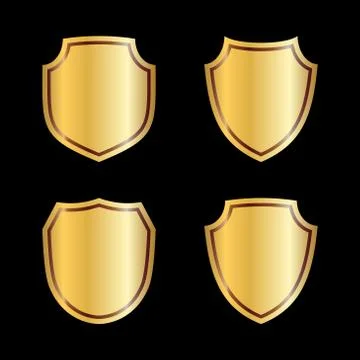 Gold shield shape icons set. 3D golden emblem signs isolated on black backgro Stock Illustration