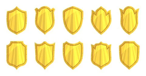 Gold shield shape security set award badge symbol Stock Illustration
