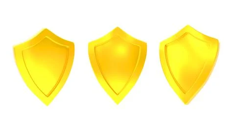 Gold shield with shiny frame, front side view 3d render. Set of military armor Stock Illustration