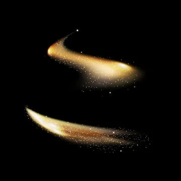 Gold shimmering waves motion lines, light bright effect on black space Stock Illustration