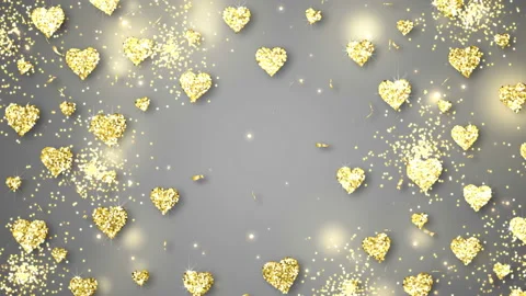Gold shining hearts sparkle on the gray background with text. Valentines Day Stock Footage 101679082