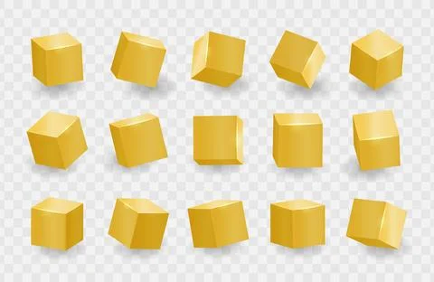 Gold shiny 3D cubes pack isolated on transparent background. Different light, Stock Illustration